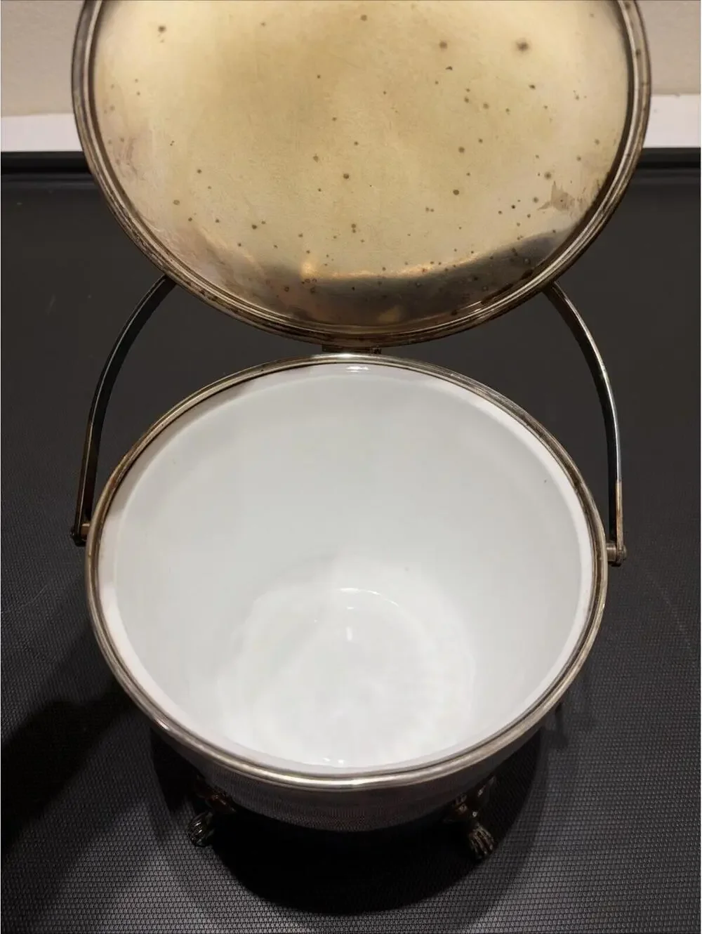 Vintage Cresent Silver Plate Swing Top Lined Ice Bucket Beautiful Patina Thermos